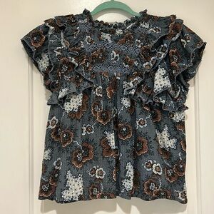 SEA New York Blue Floral Flared Flouncy Top